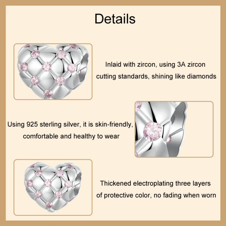 S925 Sterling Silver Platinum Diamond Heart-shaped DIY Bead - BSC1054