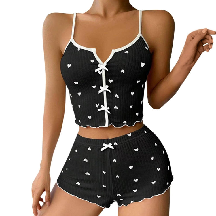Suspender Shorts Sexy Bow Print Milk Silk Pajamas Set, Size: S