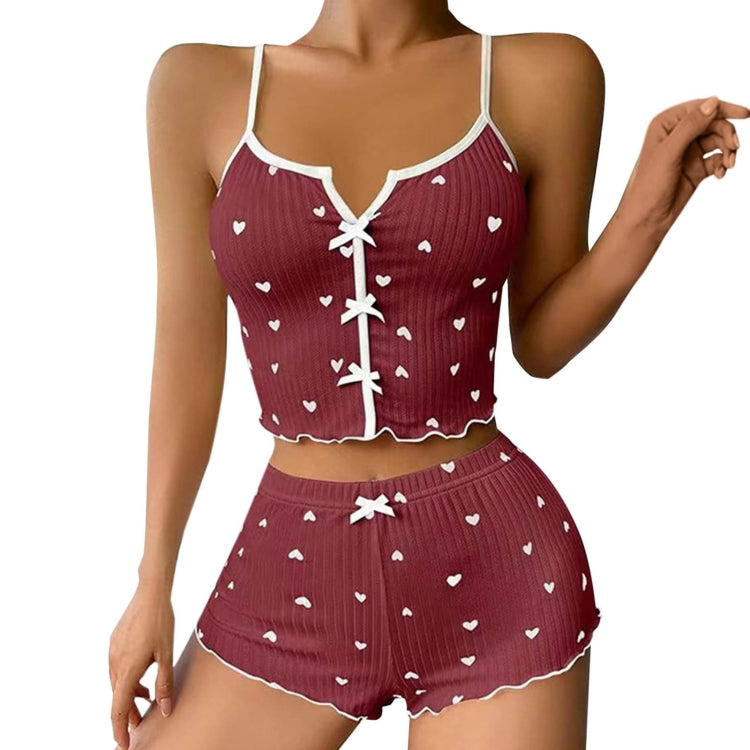 Suspender Shorts Sexy Bow Print Milk Silk Pajamas Set, Size: S