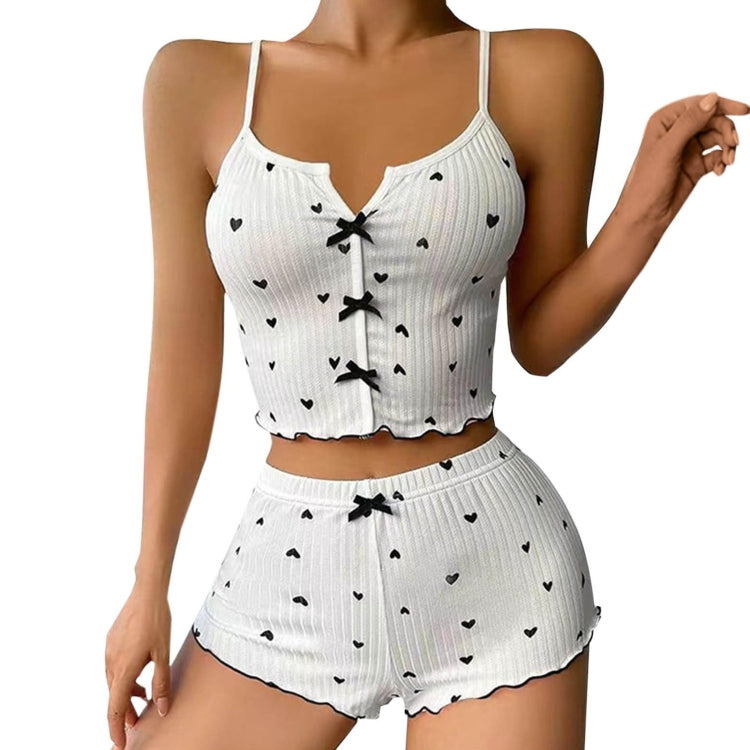 Suspender Shorts Sexy Bow Print Milk Silk Pajamas Set, Size: M