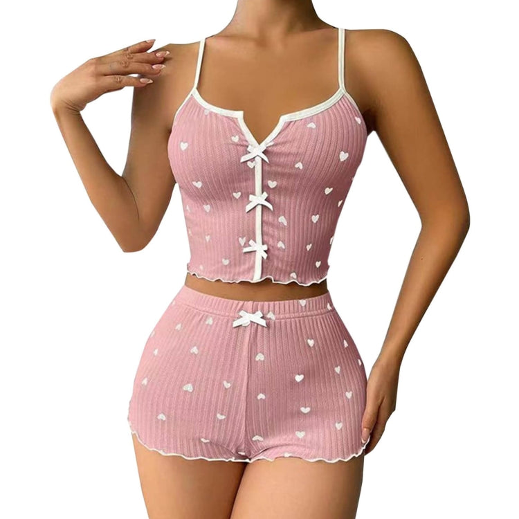 Suspender Shorts Sexy Bow Print Milk Silk Pajamas Set, Size: M