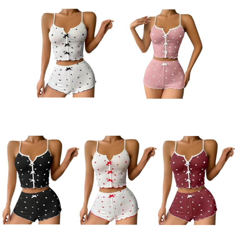Suspender Shorts Sexy Bow Print Milk Silk Pajamas Set, Size: S