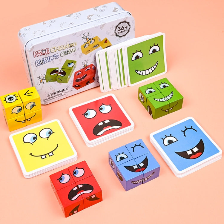 Kids Face Changing Building Blocks Puzzle Toy Montessori Wooden Smiley Face Pattern Cube Blocks Game - Iron Box