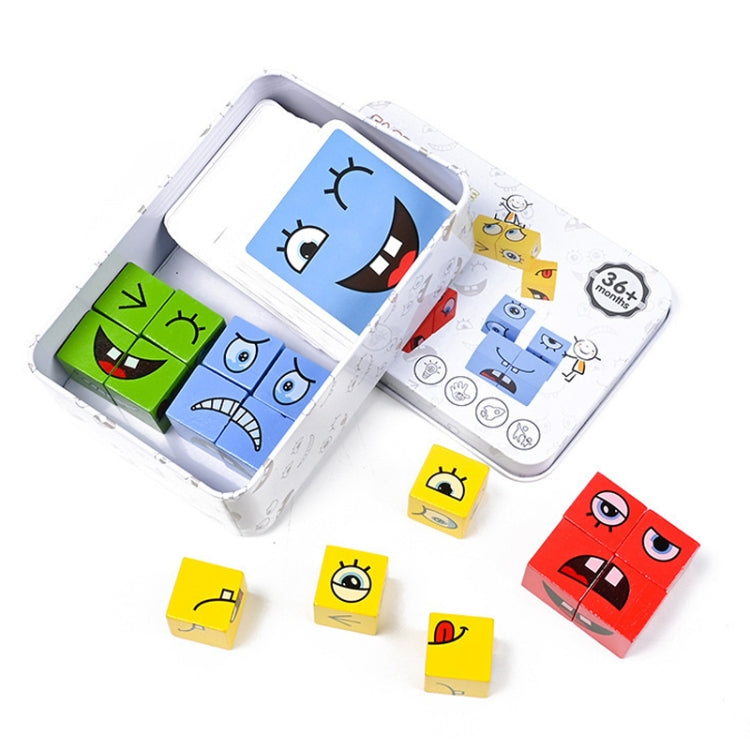 Kids Face Changing Building Blocks Puzzle Toy Montessori Wooden Smiley Face Pattern Cube Blocks Game - Iron Box