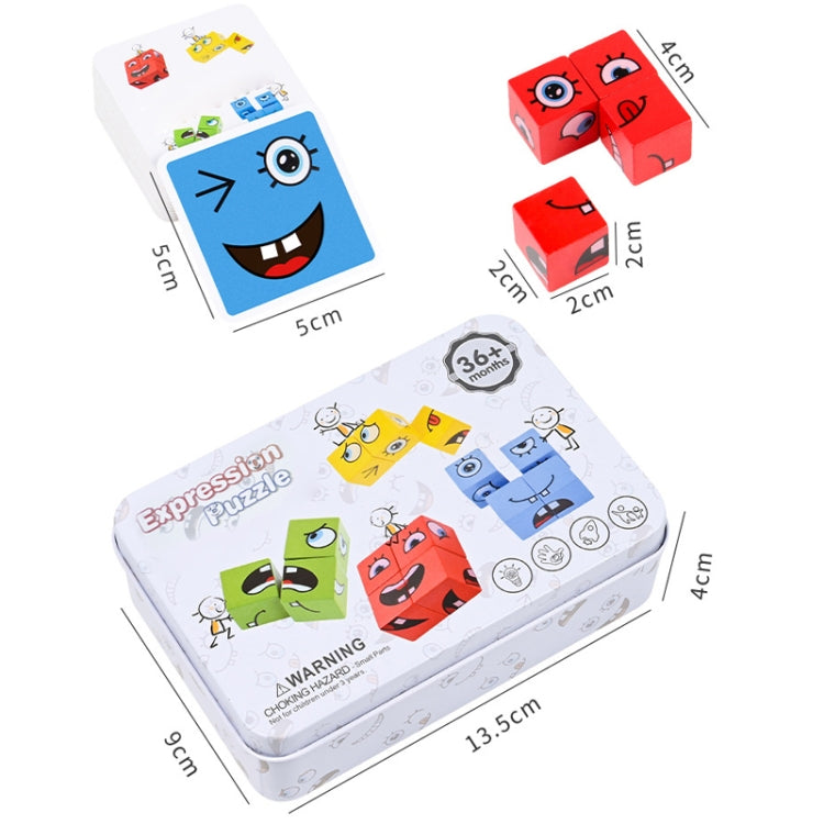Kids Face Changing Building Blocks Puzzle Toy Montessori Wooden Smiley Face Pattern Cube Blocks Game - Iron Box