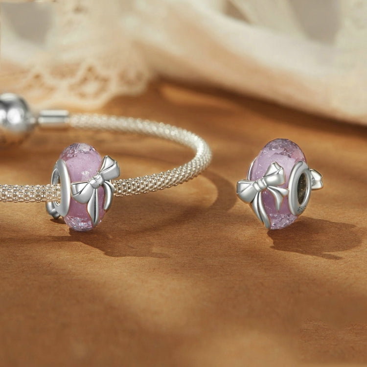 S925 Sterling Silver Pink Bow Glass Beads DIY Beads - BSC1057