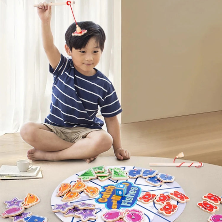 Toddler Color Shape Cognition Fishing Game Montessori Toy Wooden Magnetic Parent-Child Toy - Colorful