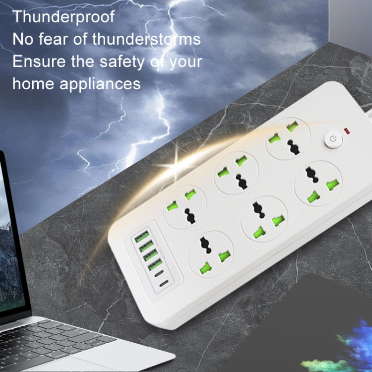 Thunderproof Overload Protection 4USB+2PD+6 Holes Socket, Color: Black UK Plug