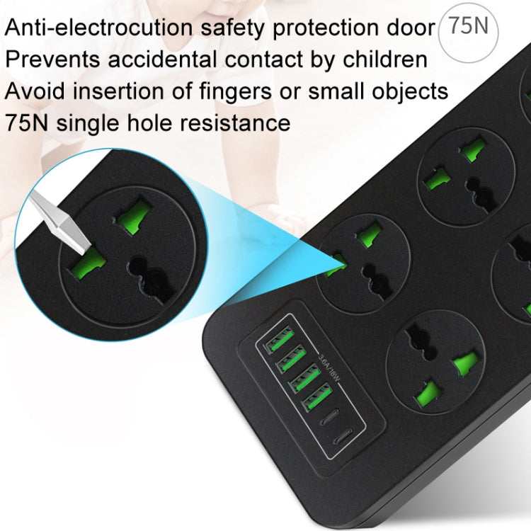 Thunderproof Overload Protection 4USB+2PD+6 Holes Socket, Color: Black UK Plug