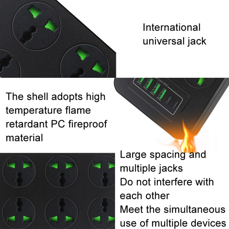 Thunderproof Overload Protection 4USB+2PD+6 Holes Socket, Color: Black UK Plug