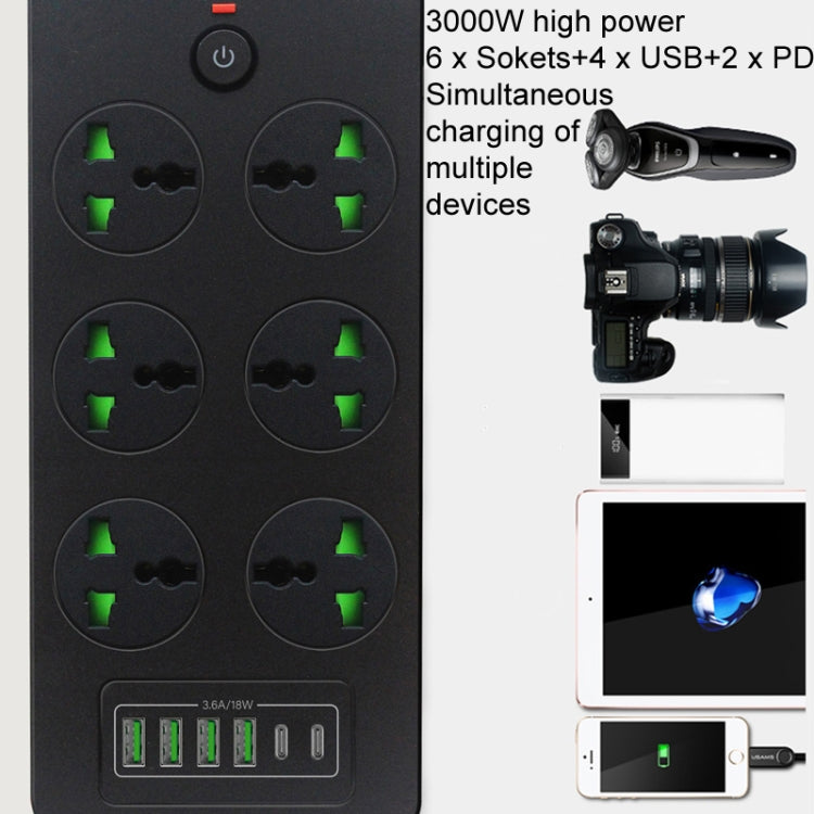 Thunderproof Overload Protection 4USB+2PD+6 Holes Socket, Color: Black UK Plug