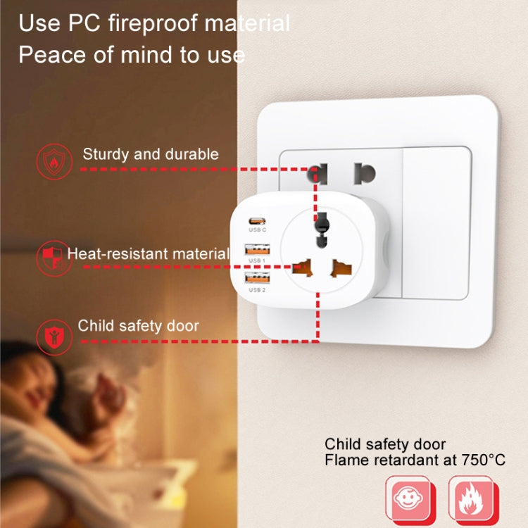 Universal Converter Plug 2USB+Type-C Smart Converter Socket US Plug - White