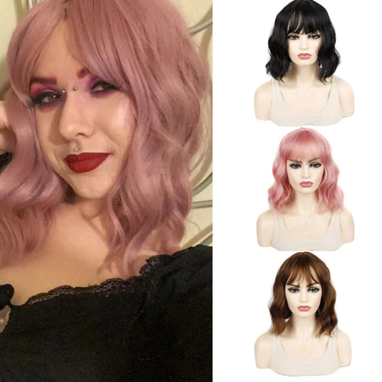 Water Wave Ripple Short Curly Hair With Bangs Fluffy Wig Headcovers, Color: Natural Black
