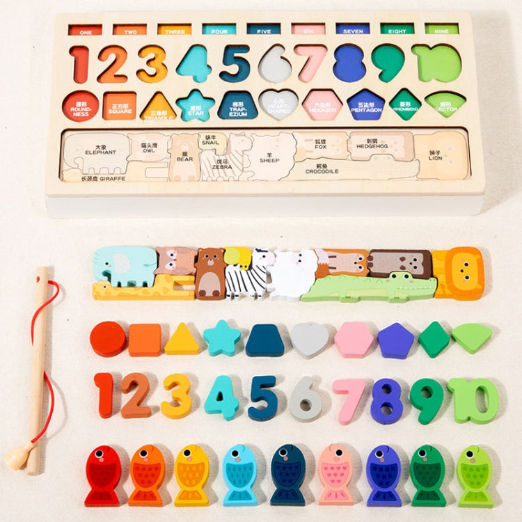 4 In 1 Puzzle Logarithmic Board Kids Educational Early Learning Fishing Shapes Numbers Animals Matching Wooden Toy - Colorful