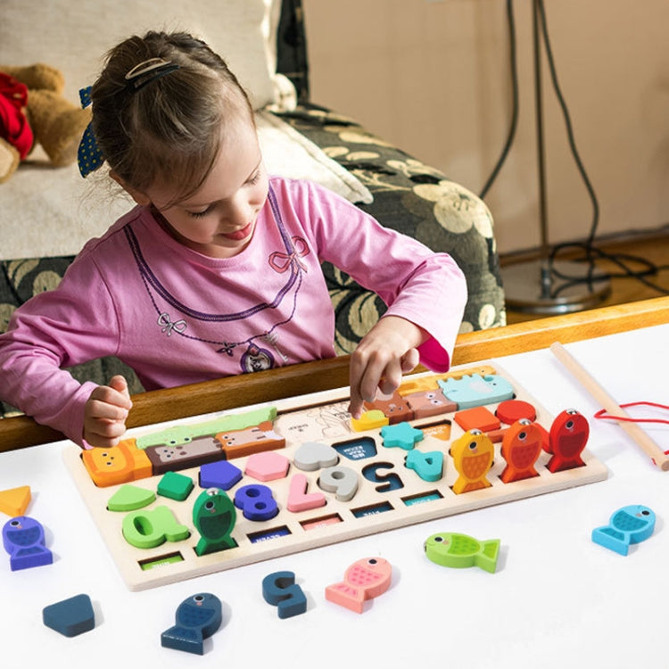 4 In 1 Puzzle Logarithmic Board Kids Educational Early Learning Fishing Shapes Numbers Animals Matching Wooden Toy - Colorful
