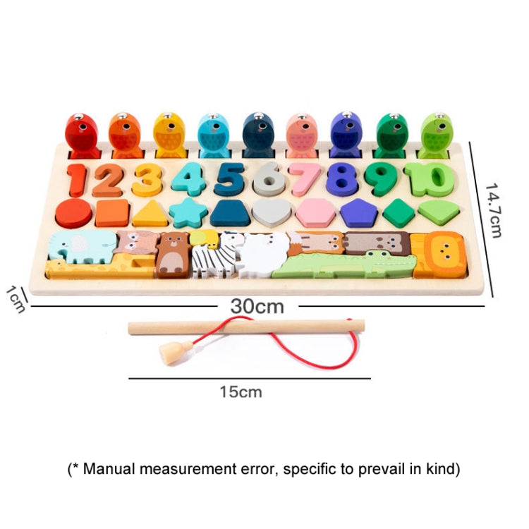 4 In 1 Puzzle Logarithmic Board Kids Educational Early Learning Fishing Shapes Numbers Animals Matching Wooden Toy - Colorful