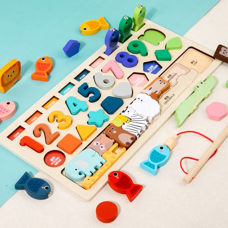 4 In 1 Puzzle Logarithmic Board Kids Educational Early Learning Fishing Shapes Numbers Animals Matching Wooden Toy - Colorful