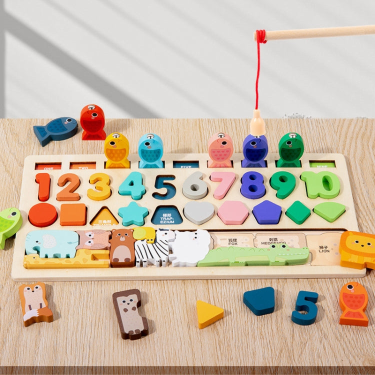 4 In 1 Puzzle Logarithmic Board Kids Educational Early Learning Fishing Shapes Numbers Animals Matching Wooden Toy - Colorful