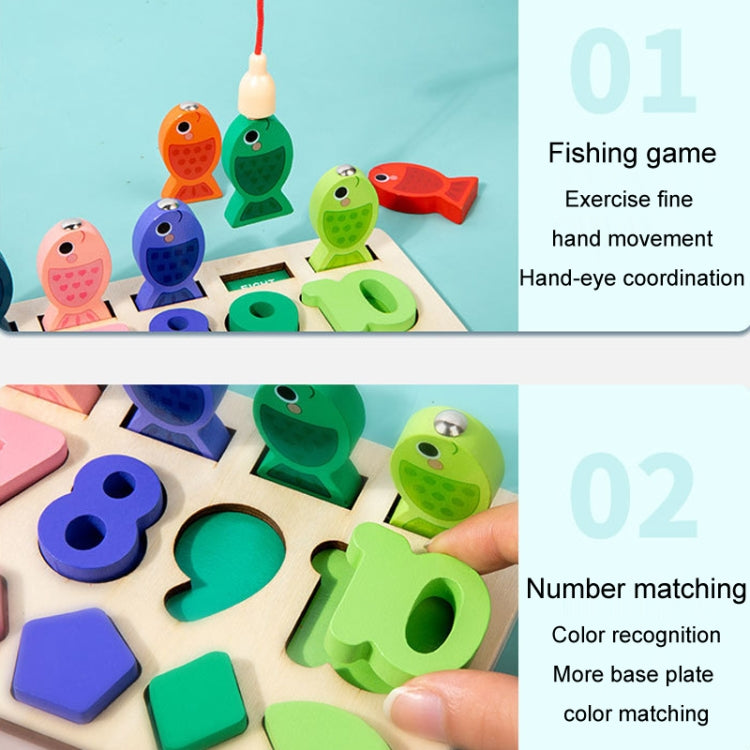 4 In 1 Puzzle Logarithmic Board Kids Educational Early Learning Fishing Shapes Numbers Animals Matching Wooden Toy - Colorful