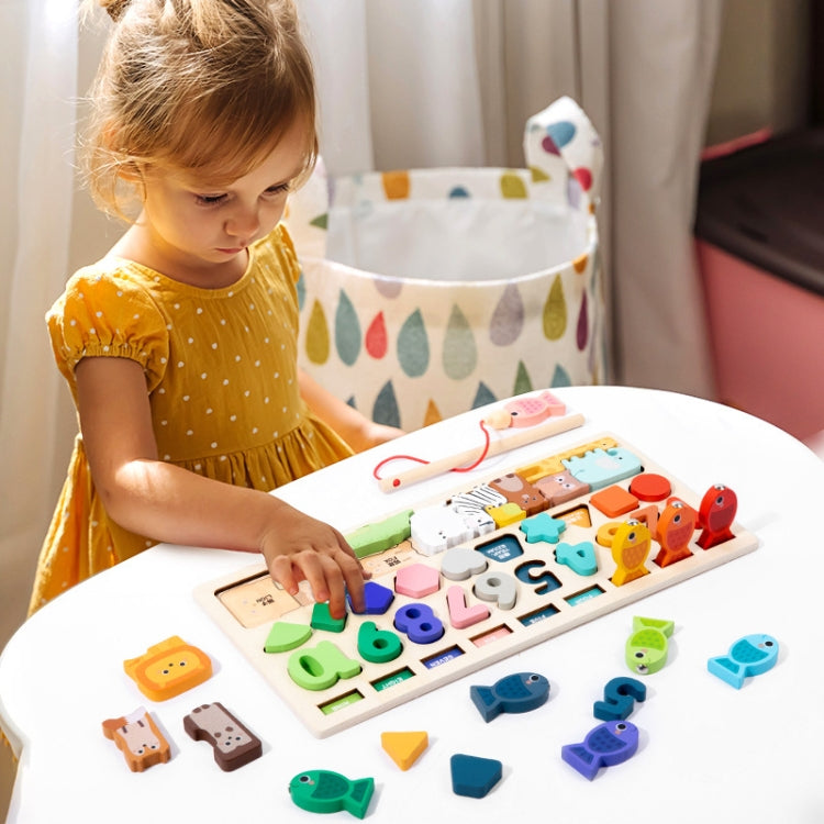 4 In 1 Puzzle Logarithmic Board Kids Educational Early Learning Fishing Shapes Numbers Animals Matching Wooden Toy - Colorful