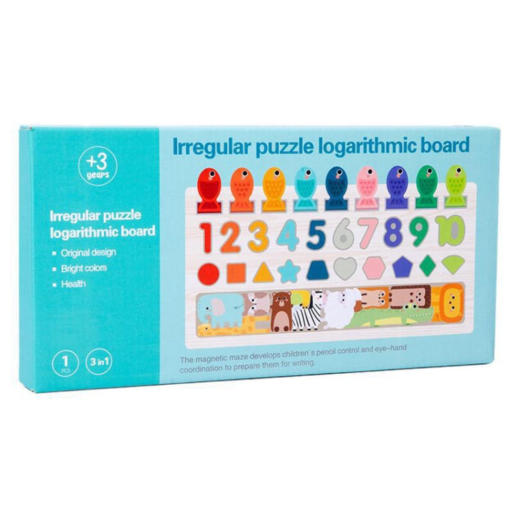 4 In 1 Puzzle Logarithmic Board Kids Educational Early Learning Fishing Shapes Numbers Animals Matching Wooden Toy - Colorful