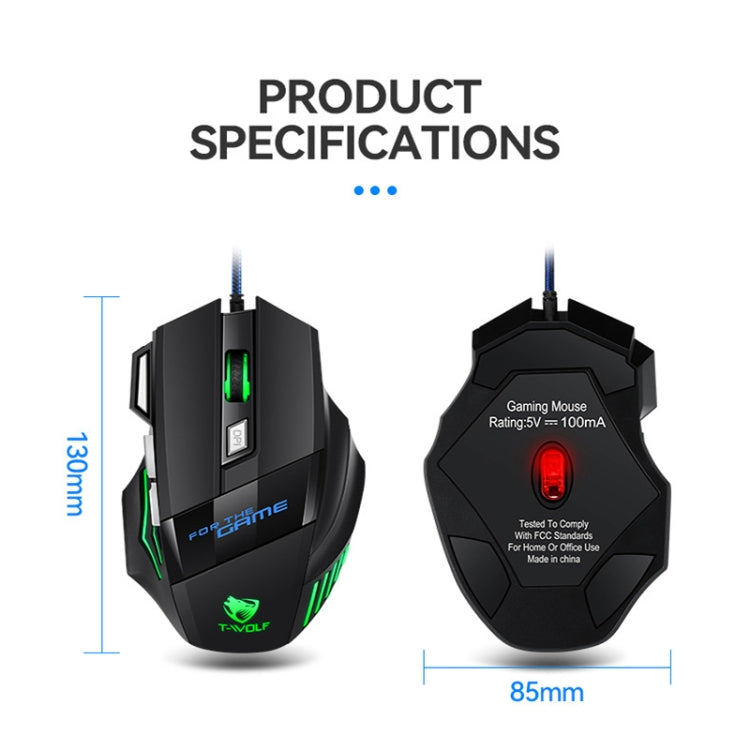 T-WOLF M1 7-keys RGB Atmosphere Light USB Gaming Wired Mouse - Black