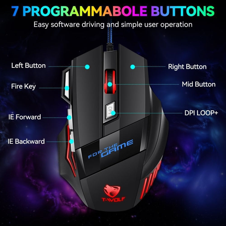 T-WOLF M1 7-keys RGB Atmosphere Light USB Gaming Wired Mouse - Black