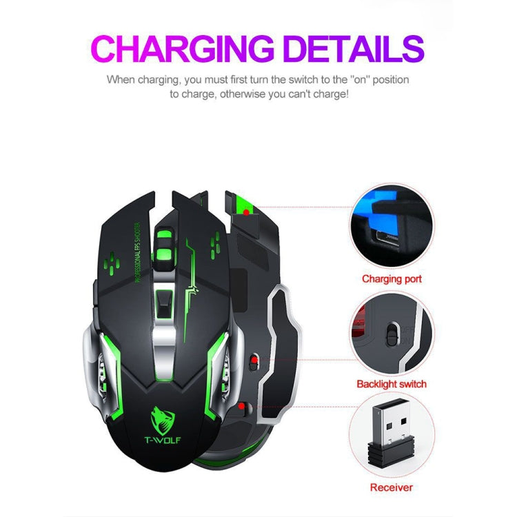 T-WOLF Q13 2.4GHz 6-keys RGB Colorful Light Gaming Wireless Mouse, Color: Single Mode Black