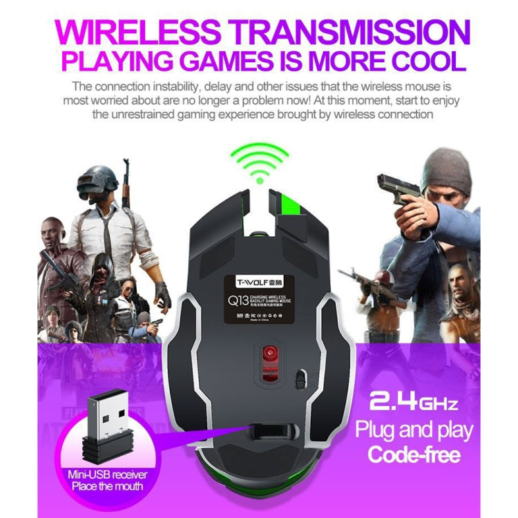 T-WOLF Q13 2.4GHz 6-keys RGB Colorful Light Gaming Wireless Mouse, Color: Dual Mode White