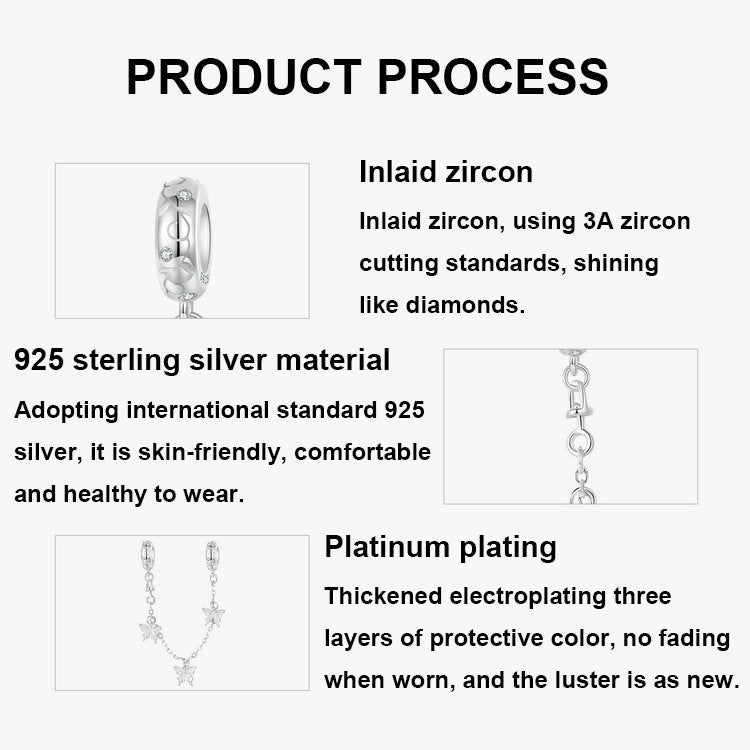 S925 Sterling Silver Platinum-Plated Butterfly Safety Chain Bracelet Bead Accessories - SCC2829