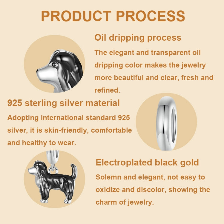 S925 Sterling Silver Gold Plated Cute Border Collie Pendant Bracelet Beads - SCC2836