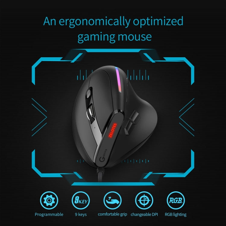 ZELOTES T50 9-Keys RGB Lighting Effect Vertical Grip Ergonomic Programming Wired Mouse - Black