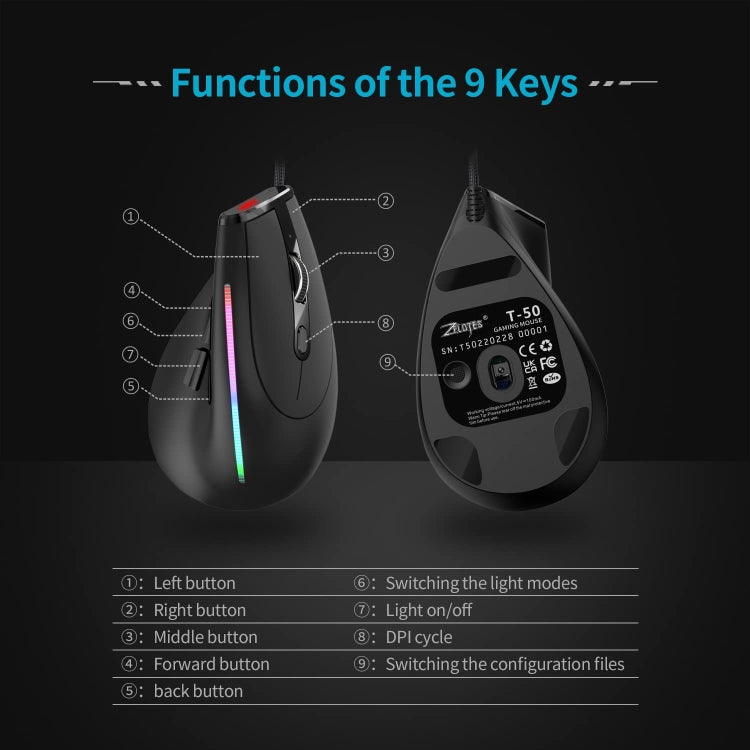 ZELOTES T50 9-Keys RGB Lighting Effect Vertical Grip Ergonomic Programming Wired Mouse - Black
