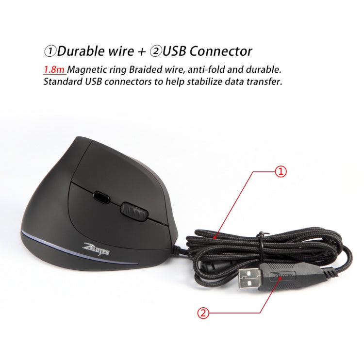 ZELOTES T20 6-Keys Vertical Grip Ergonomic Laptop Wired Mouse - Black
