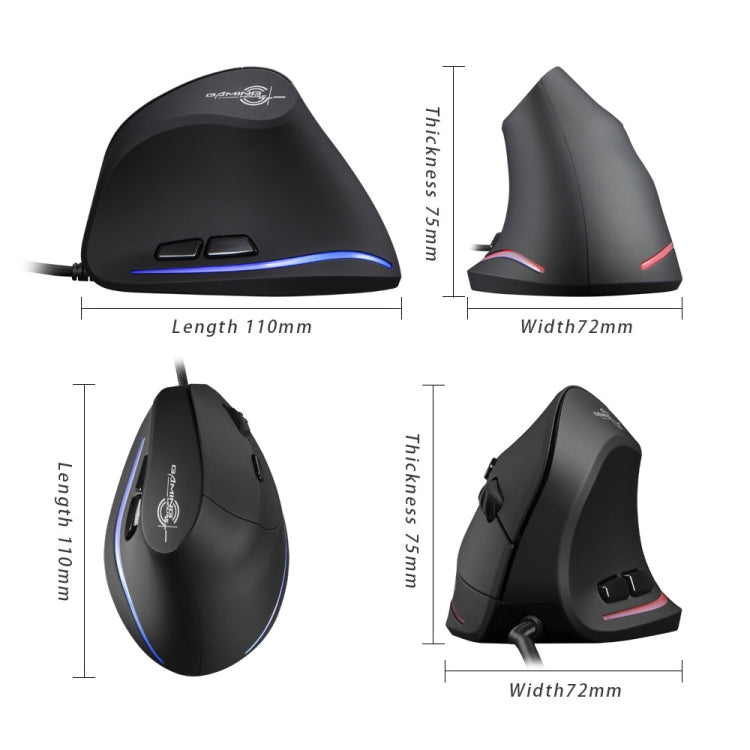 ZELOTES T20 6-Keys Vertical Grip Ergonomic Laptop Wired Mouse - Black
