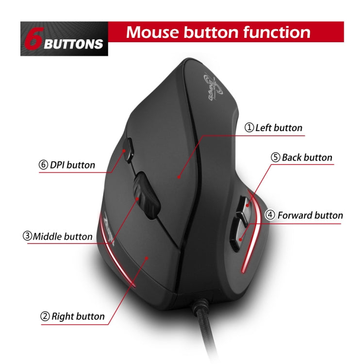 ZELOTES T20 6-Keys Vertical Grip Ergonomic Laptop Wired Mouse - Black