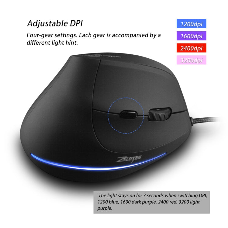 ZELOTES T20 6-Keys Vertical Grip Ergonomic Laptop Wired Mouse - Black