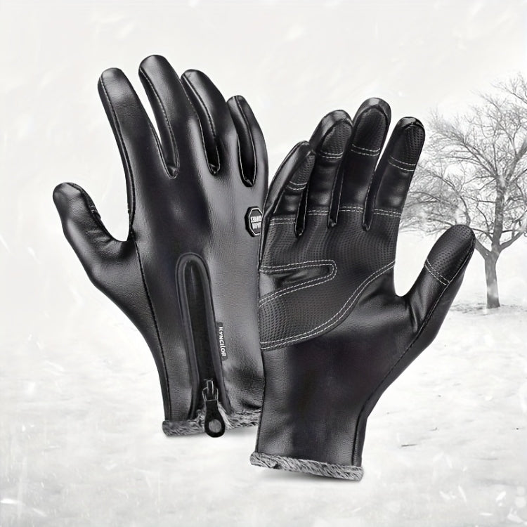 Kyncilor Winter Thermal PU Gloves Touchscreen Windproof Water-Resistant with Anti-Slip Grip, Size: XL - Black
