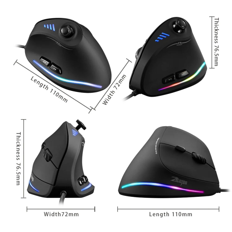 ZELOTES C18 11-Keys RGB Vertical Grip Ergonomic Joystick Programming Gaming Wired Mouse - Black
