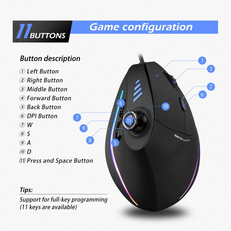 ZELOTES C18 11-Keys RGB Vertical Grip Ergonomic Joystick Programming Gaming Wired Mouse - Black