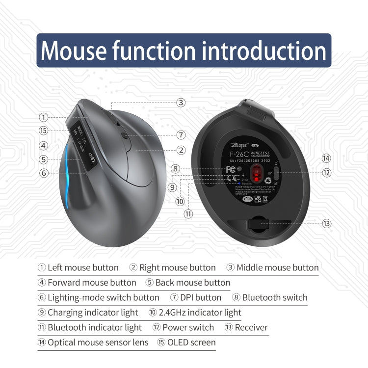 ZELOTES F-26C 8-Keys 2.4G+Bluetooth Dual-Mode LED Display Vertical Grip Wireless Mouse - Gray