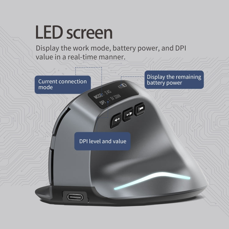 ZELOTES F-26C 8-Keys 2.4G+Bluetooth Dual-Mode LED Display Vertical Grip Wireless Mouse - Gray