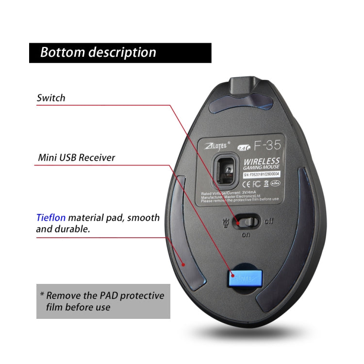 ZELOTES F35 6-buttons Vertical Grip Ergonomic Rechargeable Wireless Mouse - Blue Light