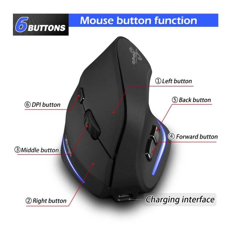 ZELOTES F35 6-buttons Vertical Grip Ergonomic Rechargeable Wireless Mouse - Blue Light