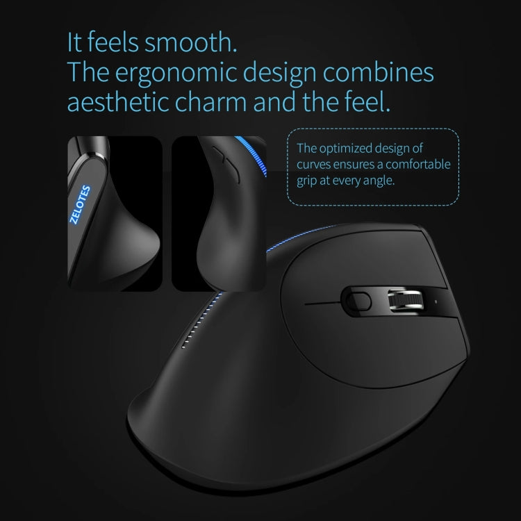 ZELOTES F36A 6-Buttons Vertical Grip Ergonomic Rechargeable Wireless Mouse - Black