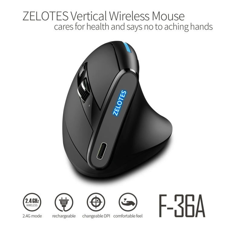 ZELOTES F36A 6-Buttons Vertical Grip Ergonomic Rechargeable Wireless Mouse - Black