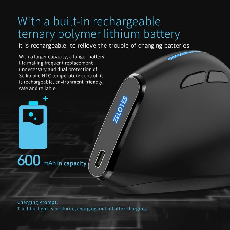 ZELOTES F36A 6-Buttons Vertical Grip Ergonomic Rechargeable Wireless Mouse - Black