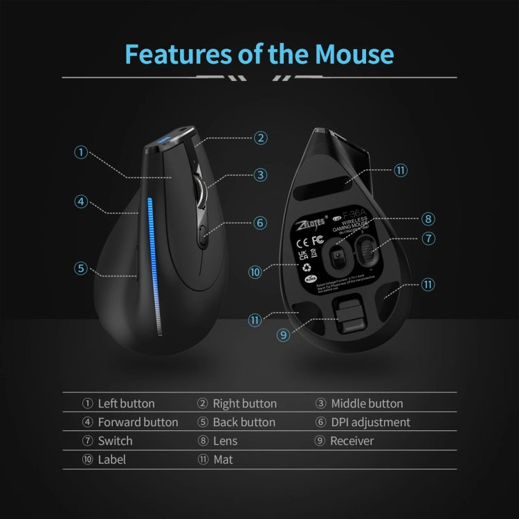 ZELOTES F36A 6-Buttons Vertical Grip Ergonomic Rechargeable Wireless Mouse - Black