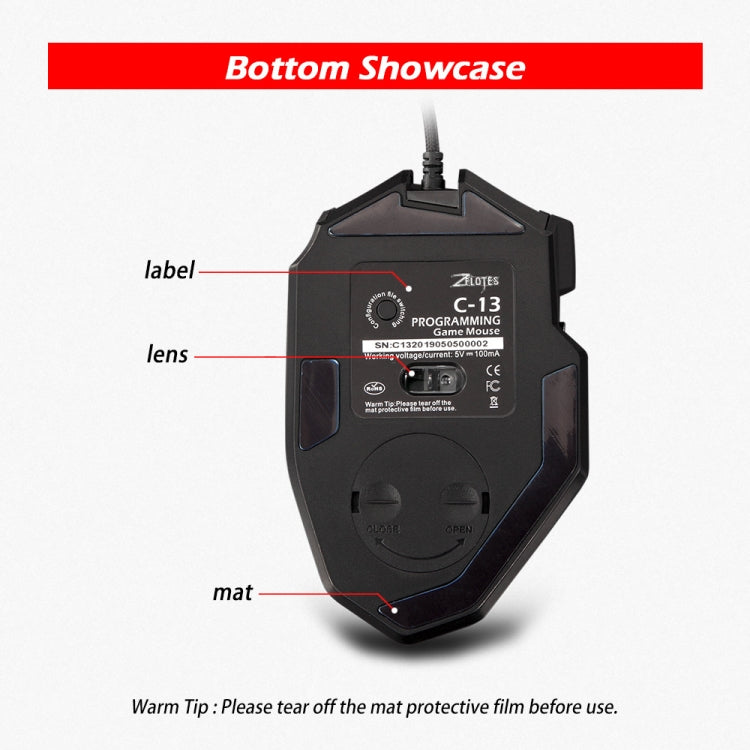 ZELOTES C13 13-keys RGB Lighting Effect Programming Macro Custom Gaming Wired Mouse - Black