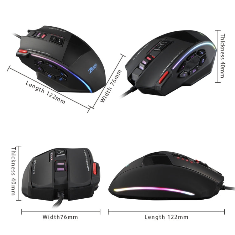ZELOTES C13 13-keys RGB Lighting Effect Programming Macro Custom Gaming Wired Mouse - Black